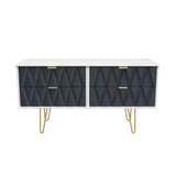 Geo white and navy 4 Drawer Low TV Unit with gold hairpin legs from Roseland