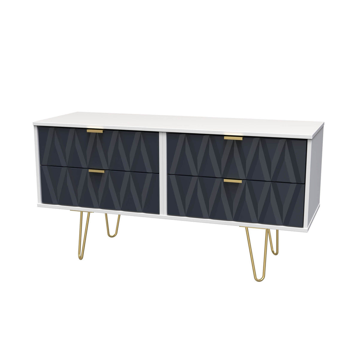Geo white and navy 4 Drawer Contemporary Low TV Unit with gold hairpin legs