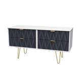 Geo white and navy 4 Drawer Contemporary Low TV Unit with gold hairpin legs