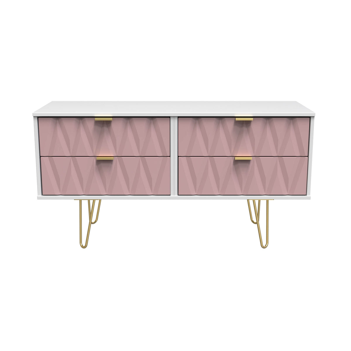 Geo white and pink 4 Drawer Low TV Unit with gold hairpin legs from roseland