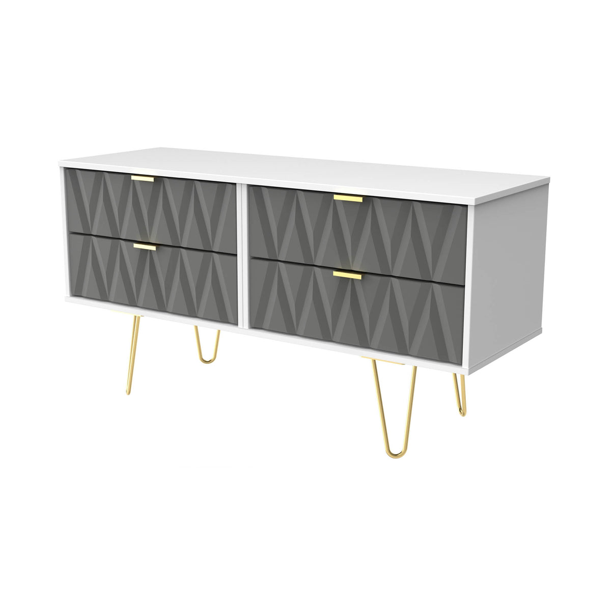 Geo white and grey 4 Drawer Contemporary Low TV Unit with gold hairpin legs