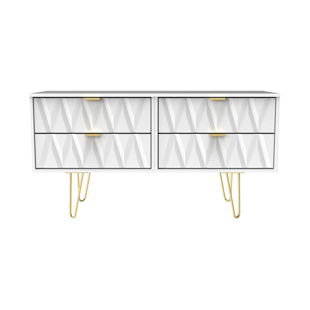 Geo white 4 Drawer Low TV Unit with gold hairpin legs from roseland