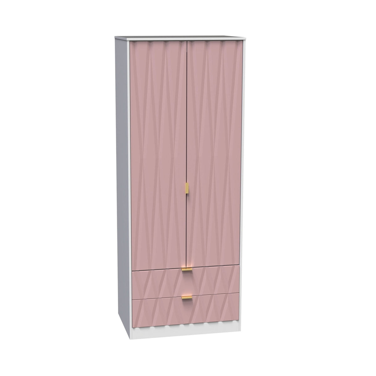 A pink fabric-covered wardrobe with gold handles stands against a white background. It features drawers at the bottom and a curtain-like front.