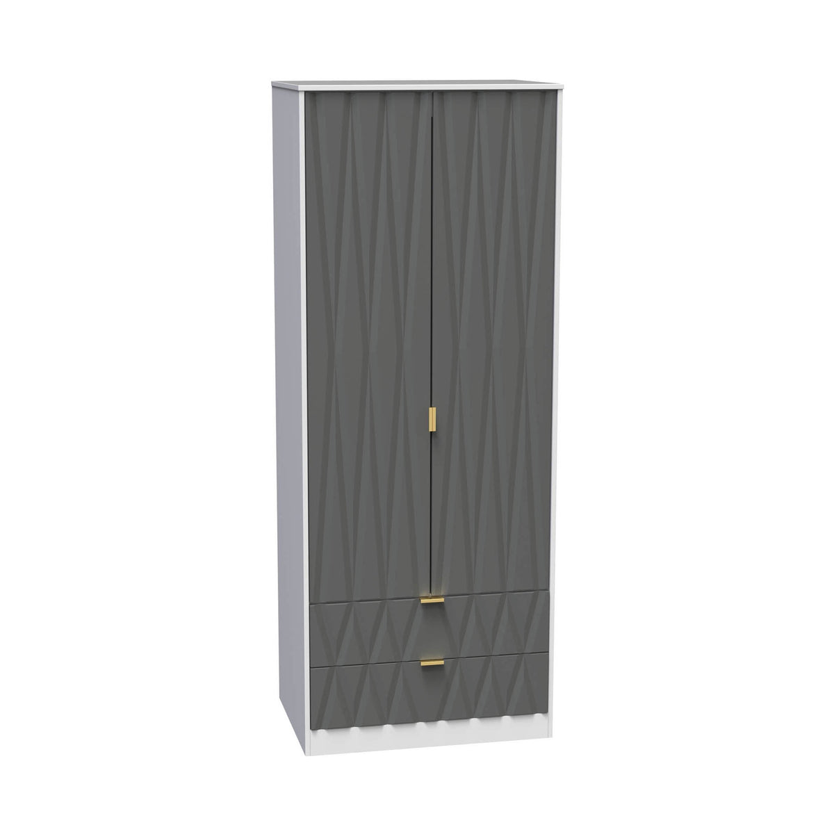 A gray, textured wardrobe with gold handles stands against a white background, showing a modern storage furniture design.