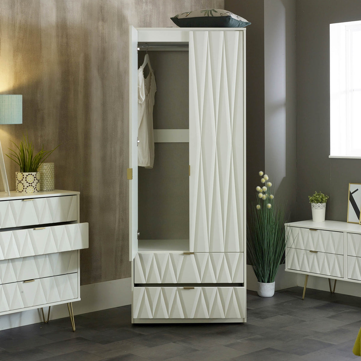 Geo white panelled 2 drawer double wardrobe lifestyle