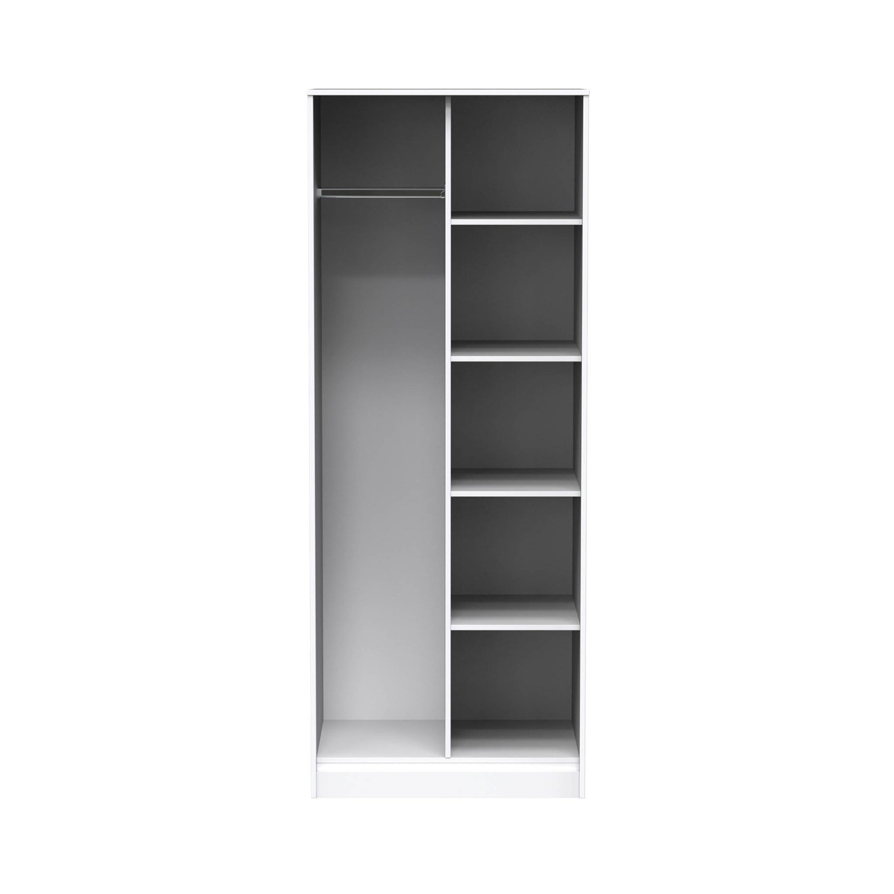 A tall white bookshelf with multiple empty shelves, isolated on a plain white background.