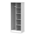 A tall, empty white bookshelf with six shelves, including a split level, against a solid background.