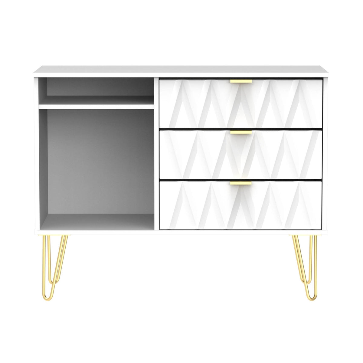 Geo White 3 Drawer TV Unit Stand with gold hairpin legs from Roseland