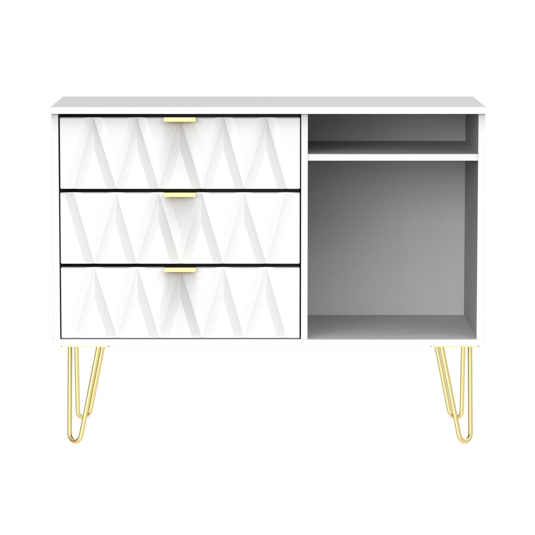Geo White 3 Drawer TV Unit Stand with gold hairpin legs from Roseland