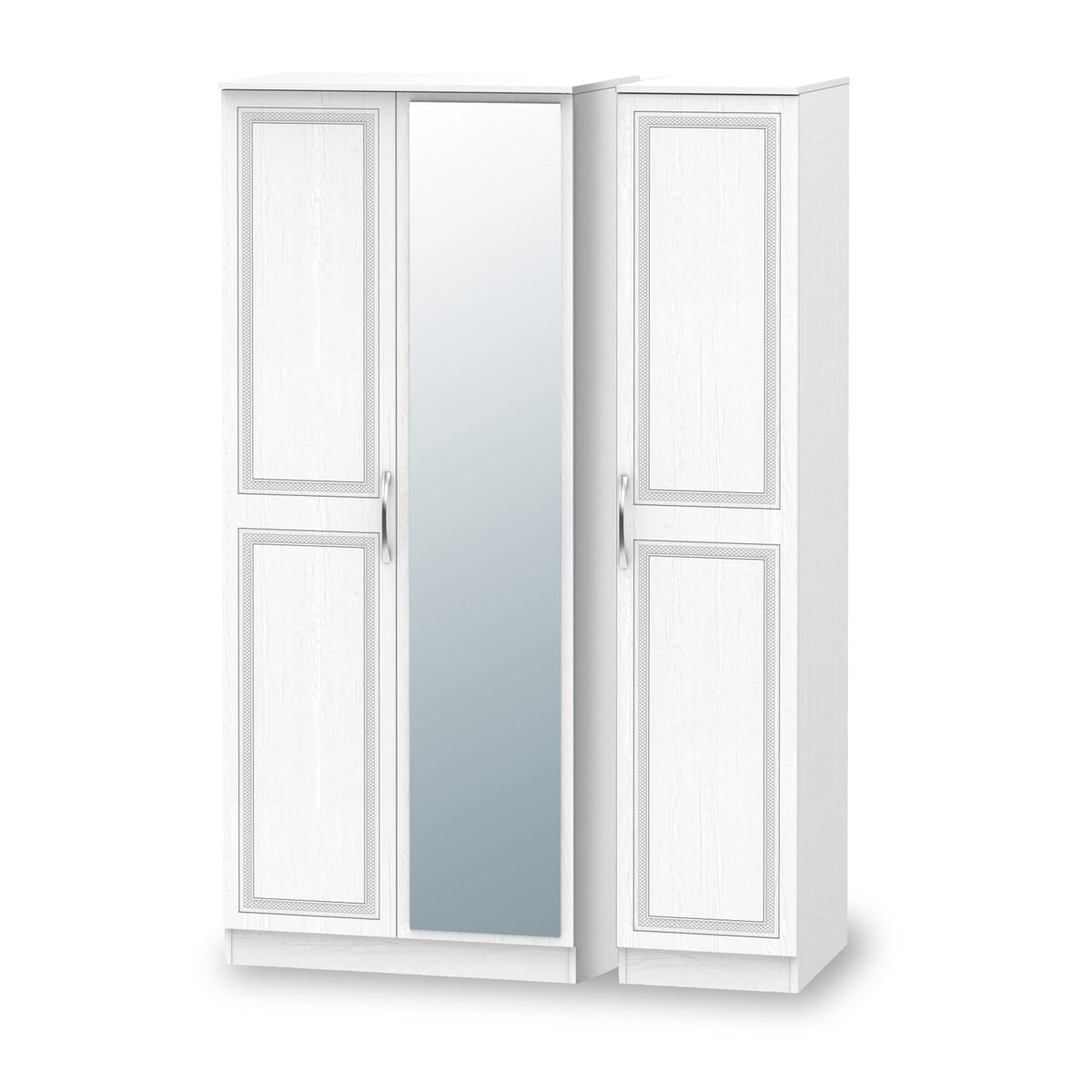 A white three-panel folding screen, partially unfolded, with one mirrored section in the center. It stands isolated on a white background.