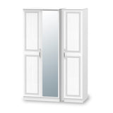 A white three-panel folding screen, partially unfolded, with one mirrored section in the center. It stands isolated on a white background.