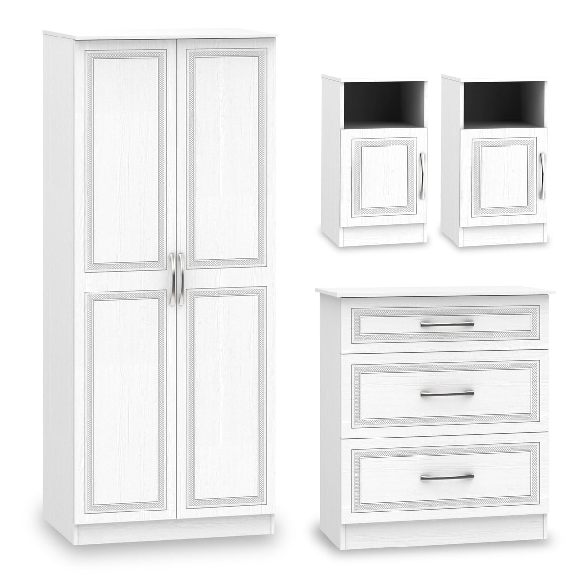 A wardrobe and two bedside tables with a drawer each flank a three-drawer dresser, all white with minimalist handles, isolated on a white background.