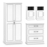A wardrobe and two bedside tables with a drawer each flank a three-drawer dresser, all white with minimalist handles, isolated on a white background.