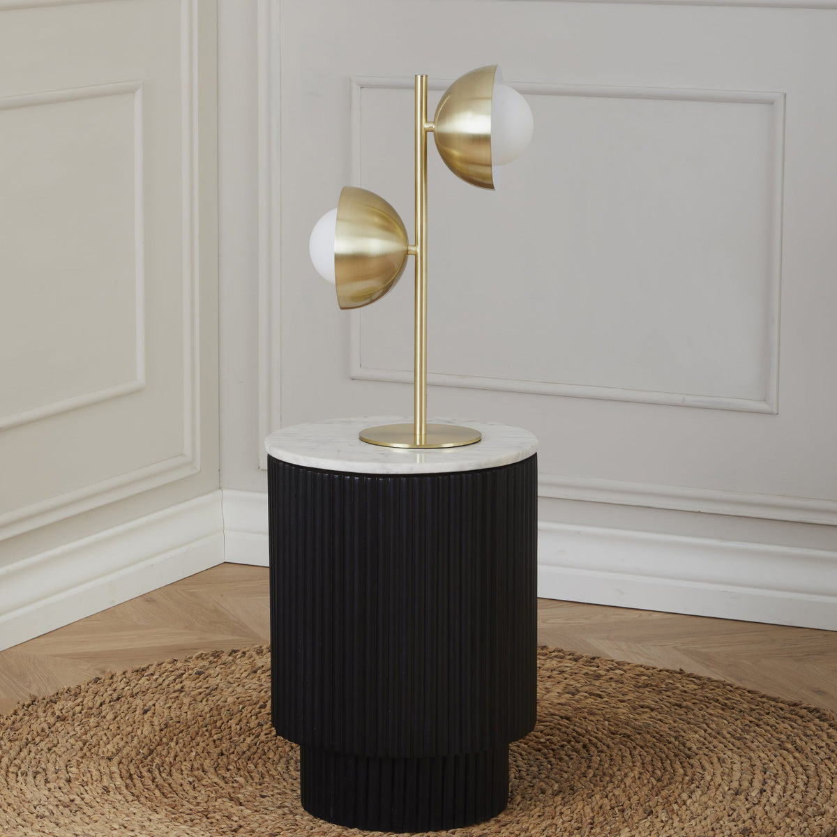 Estelle Brushed Brass Metal and White Orb Dome Table Lamp lifestyle
