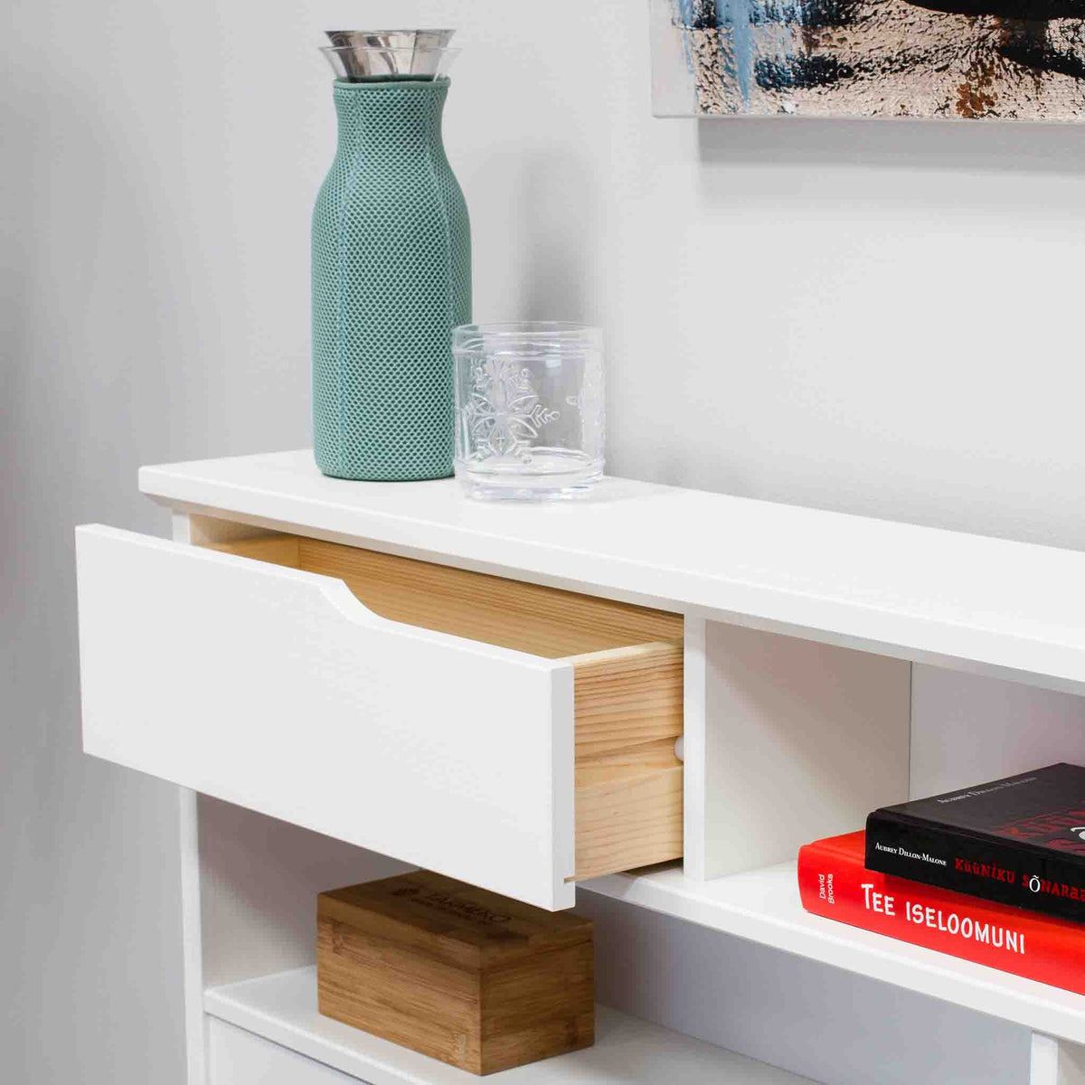 close up of the headboard drawers on the Farndon White Storage Bed