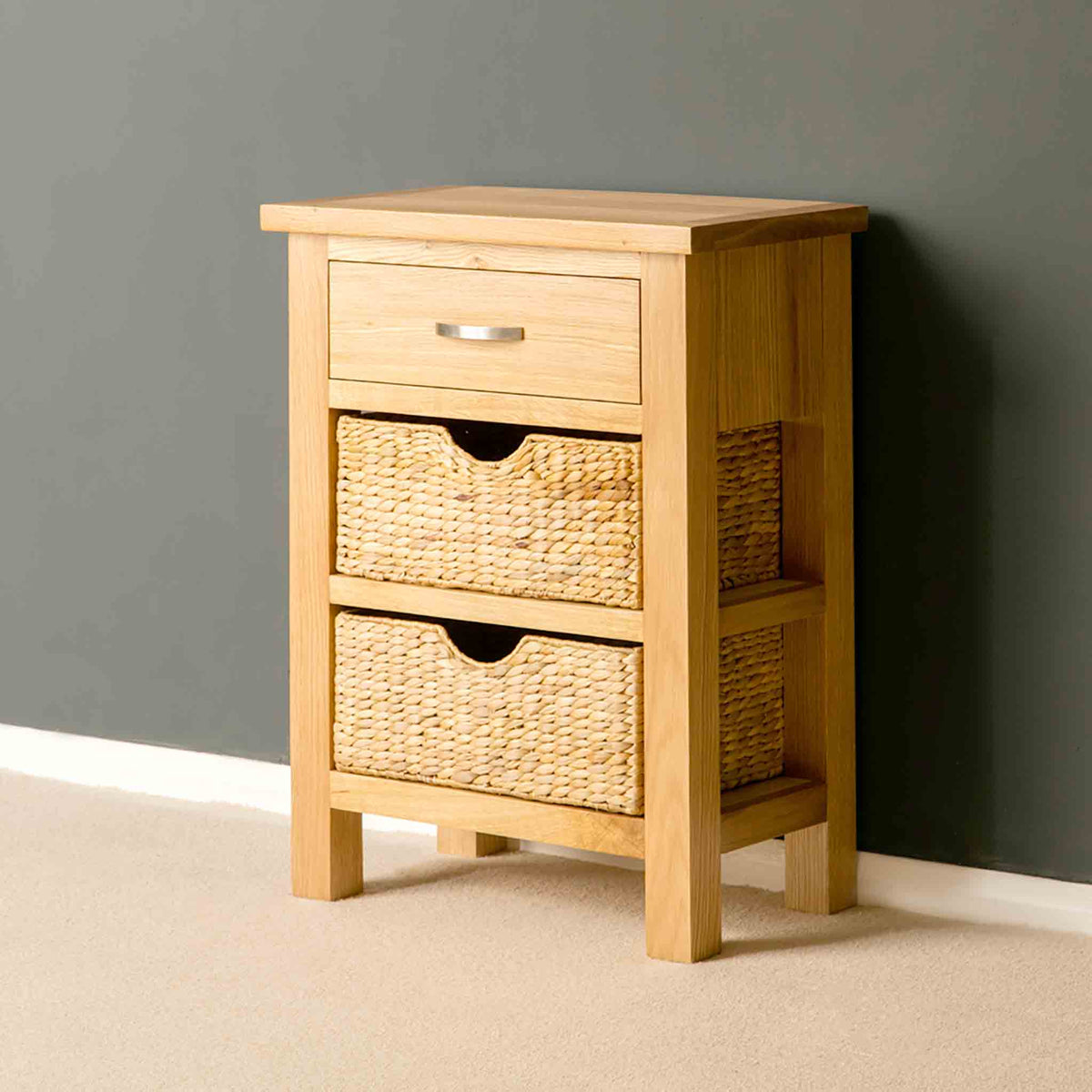 London Oak Hall Table with Baskets - Side View