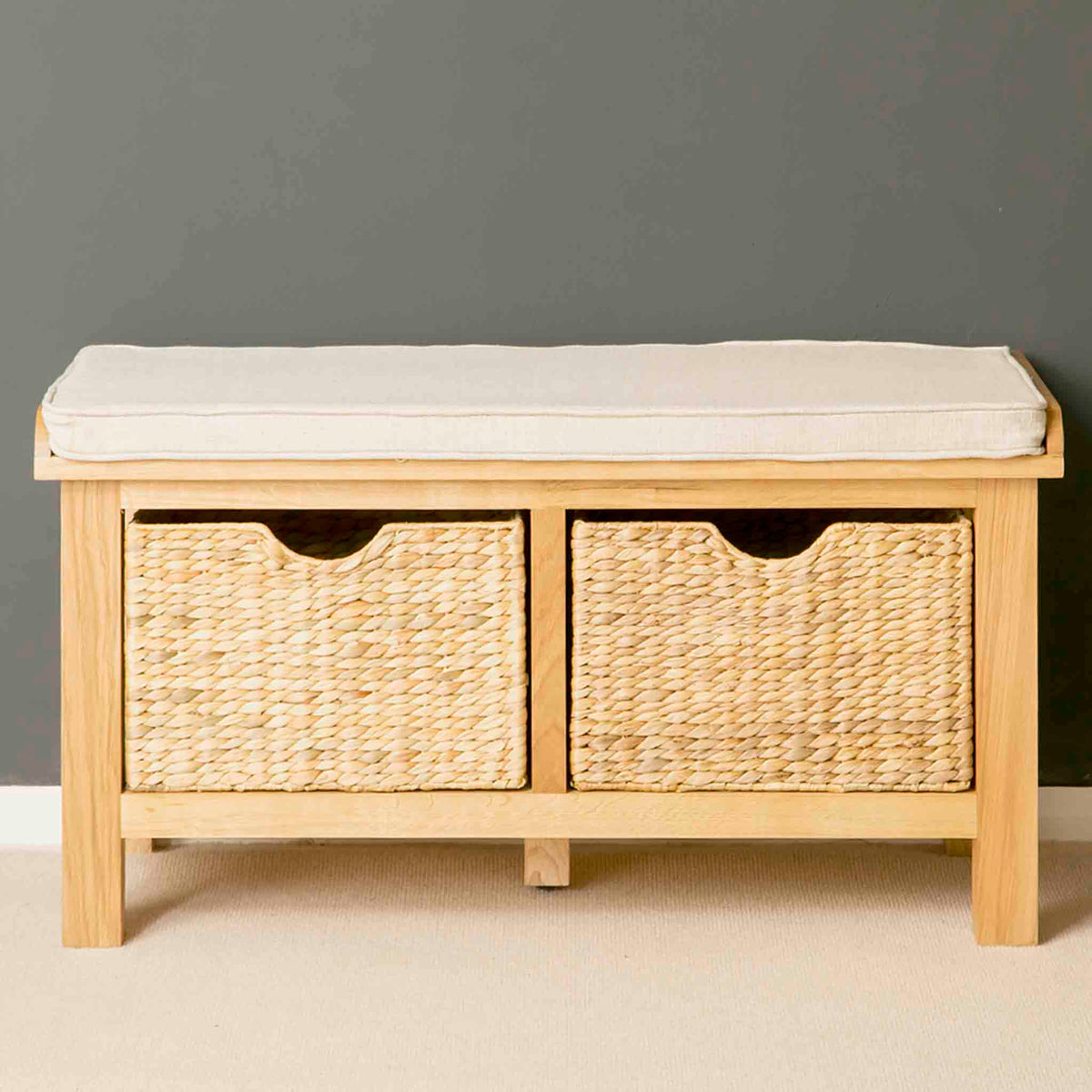 London Oak Hall Bench with Baskets and Cushion | Light Oak | Roseland