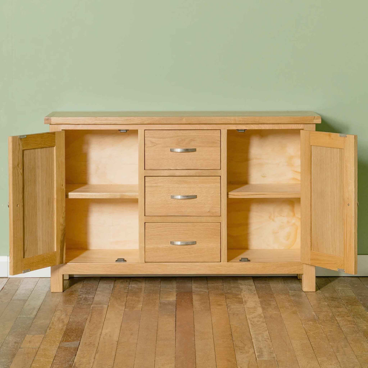 London Oak 3 Drawer Sideboard - Front view with cupboard doors open