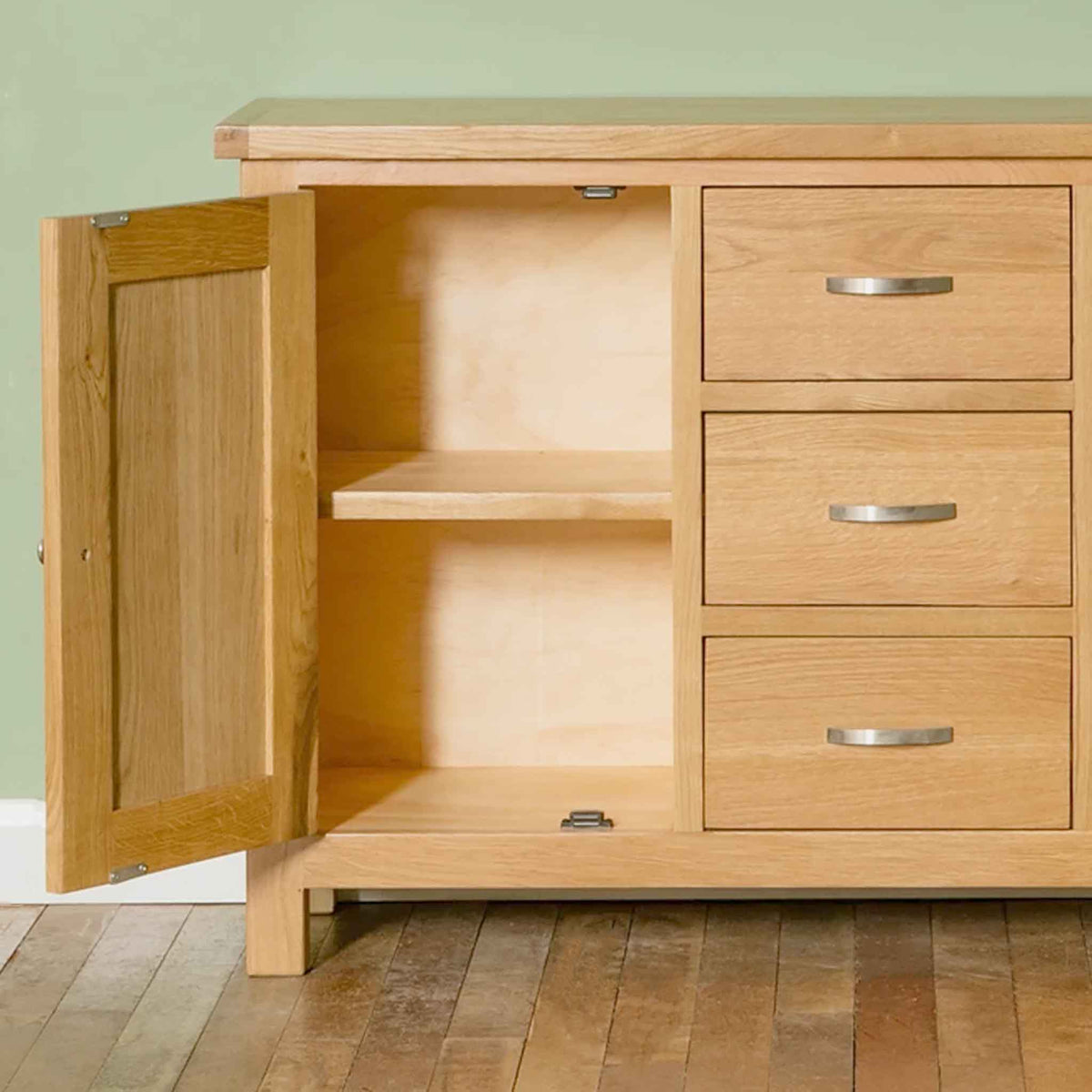 London Oak 3 Drawer Sideboard - Close up of inside cupboard and drawer fronts