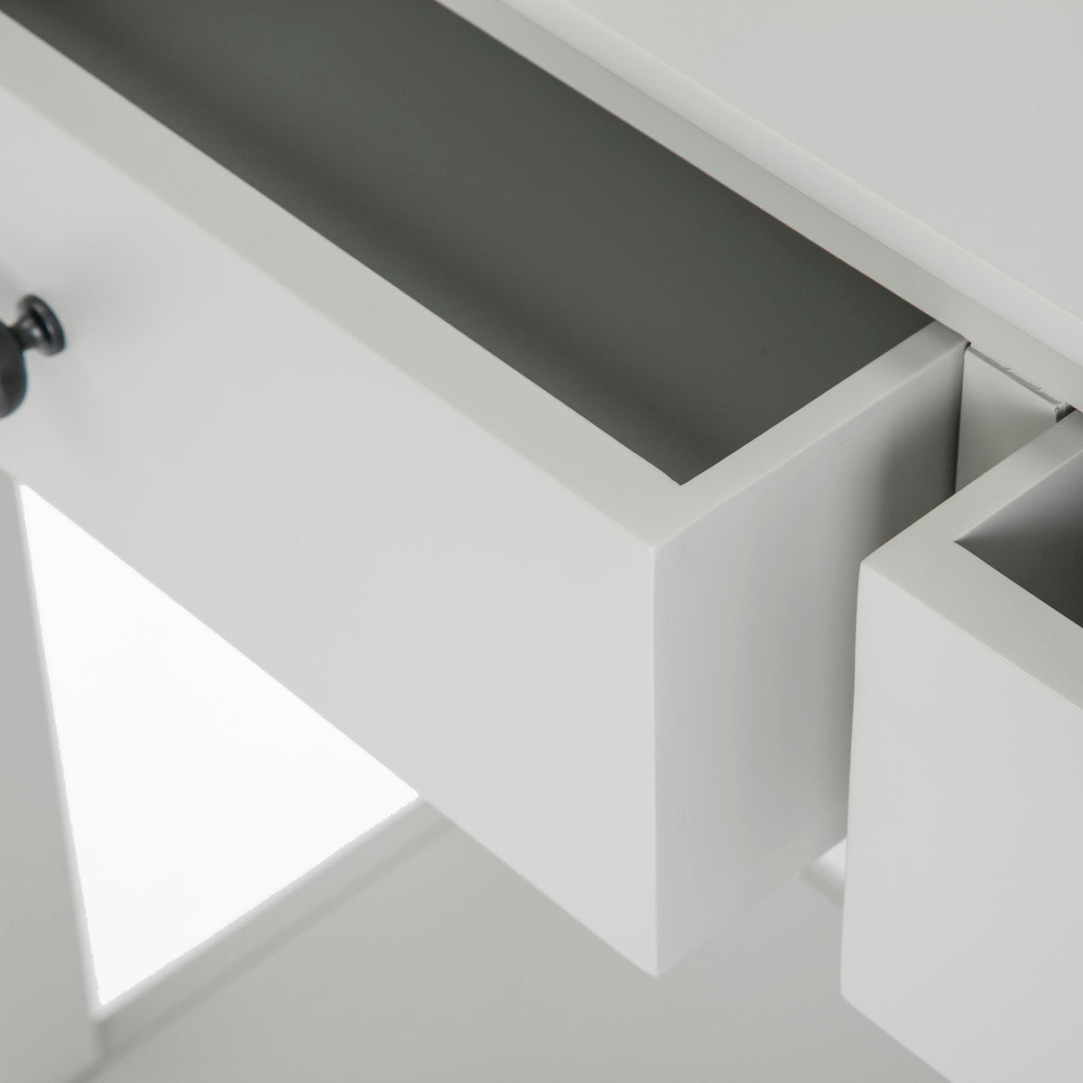 Elgin Grey Large Console Table - Close up of centre of drawers when pulled open