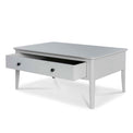Elgin Grey Coffee Table with Drawer - Side view with drawer open