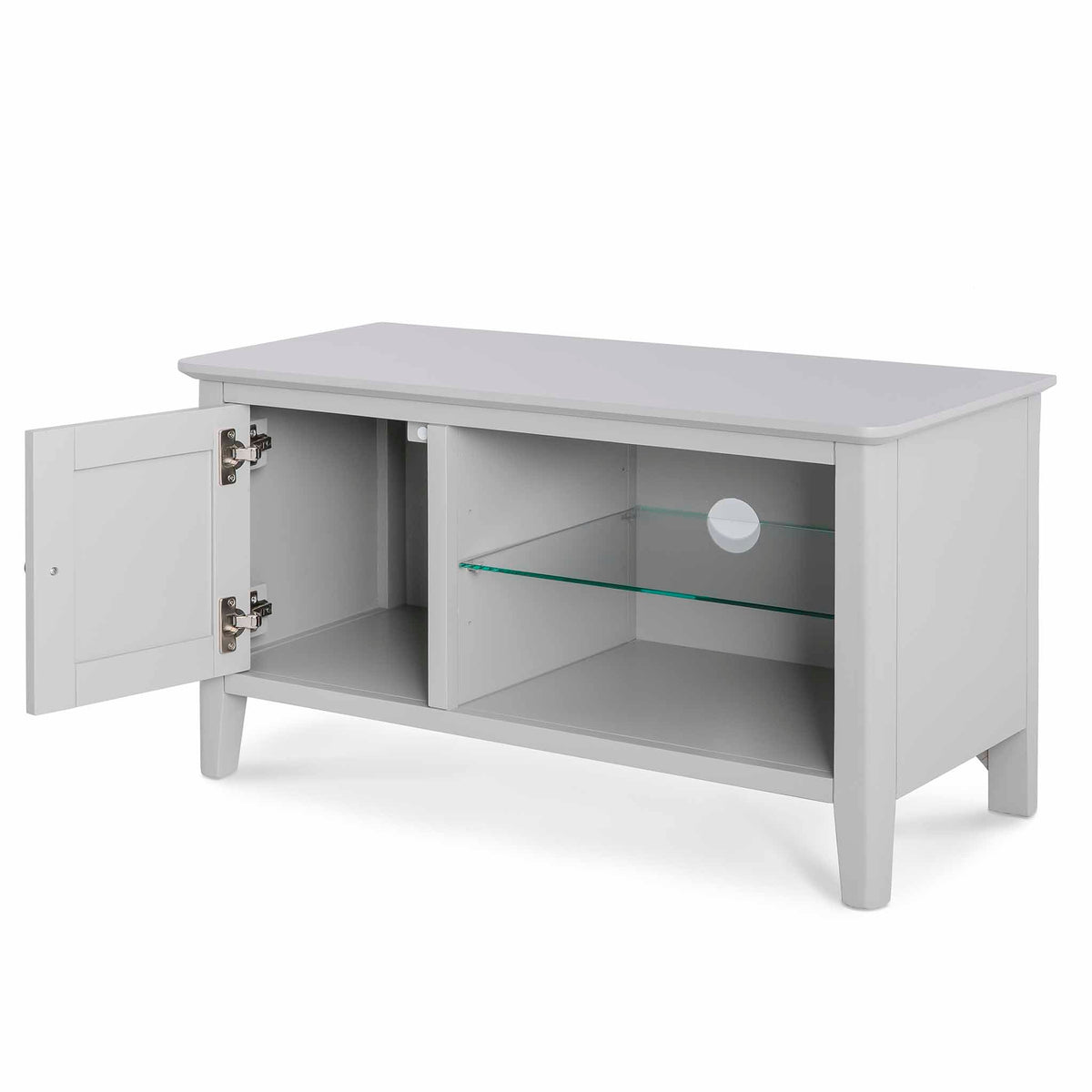 Elgin Grey 90cm Small TV Unit - Side view with cupboard door open