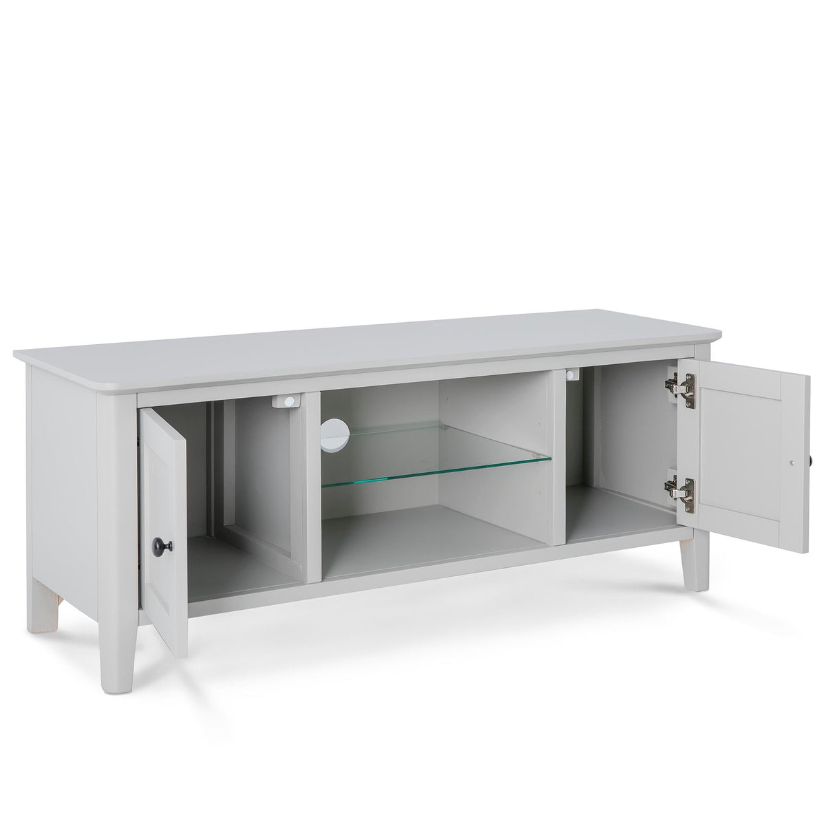 Elgin Grey 120cm large TV stand - Side view with cupboard doors open