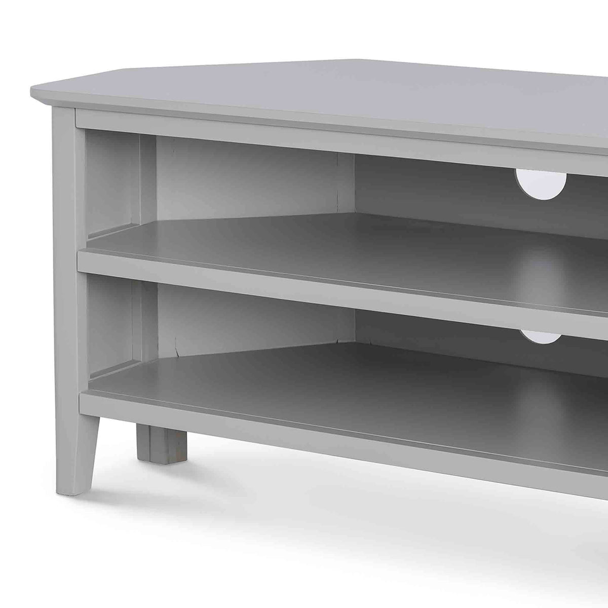 Elgin Grey corner TV stand - Close up of shelves