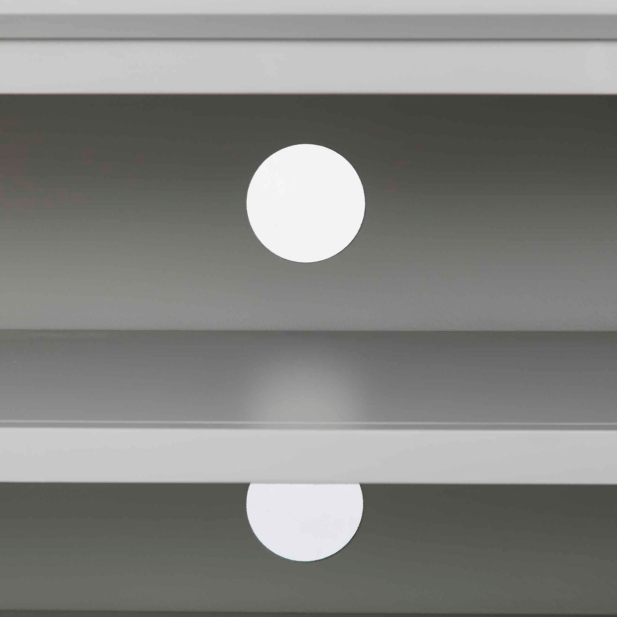 Elgin Grey corner TV stand - Close up of cable access holes