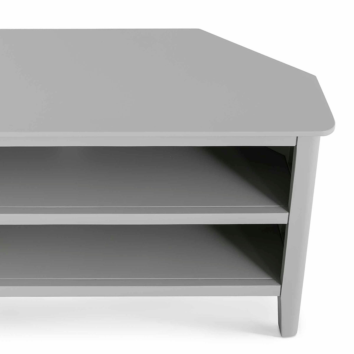 Elgin Grey corner TV stand - Close up of top