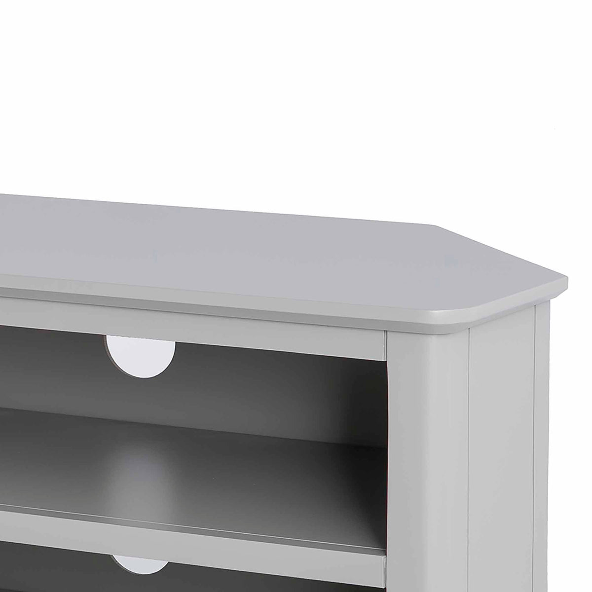 Elgin Grey corner TV stand - Close up of top