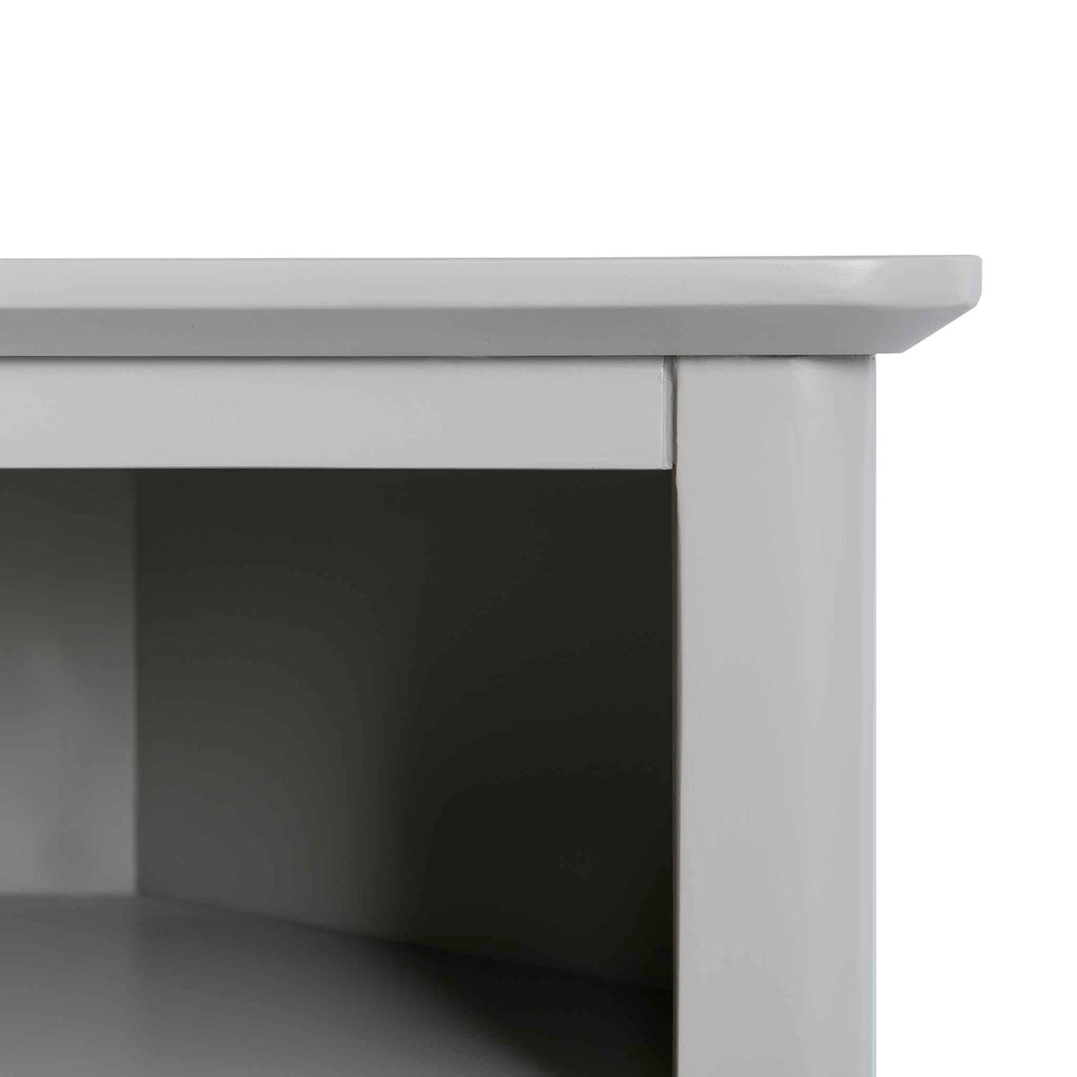 Elgin Grey corner TV stand - Close up of top corner