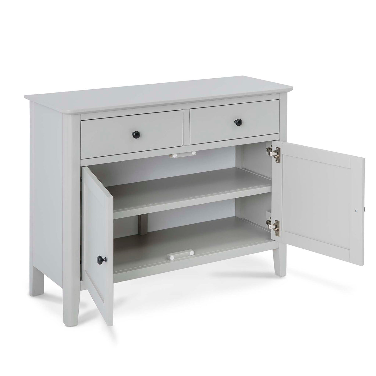 Elgin Grey Small Sideboard - Side view with cupboard doors open