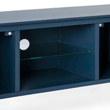 Stirling Blue 120cm Large TV Unit - Close up of middle shelving with glass shelf
