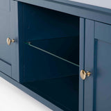 Stirling Blue 120cm Large TV Unit - Close up of middle shelving with glass shelf