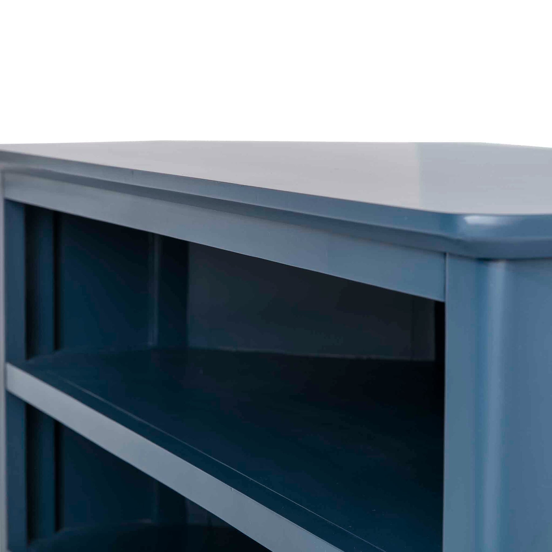 Stirling Blue Corner TV Stand - Close up of shelves