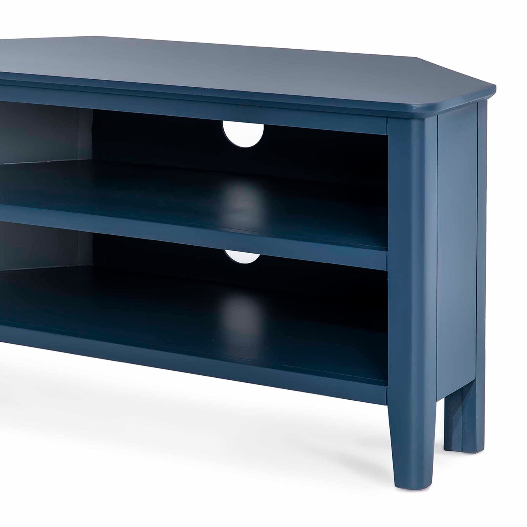 Stirling Blue Corner TV Stand - Close up of shelves