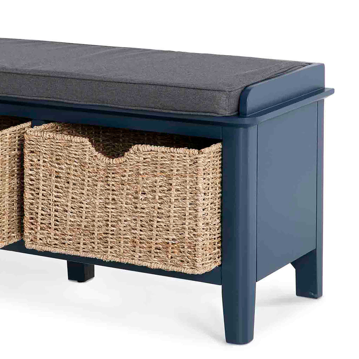 Stirling Blue Storage Bench - Close up with baskets pulled open