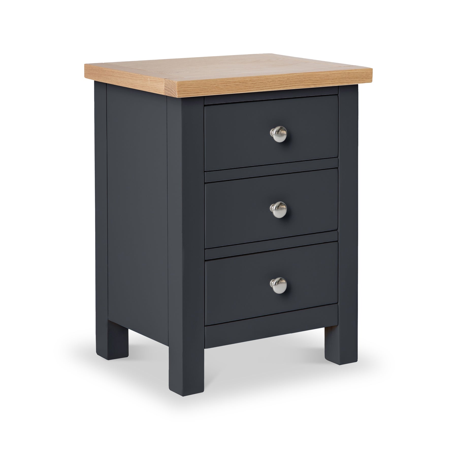 Farrow Charcoal Bedside Table by Roseland Furniture - Angle view with silver handles
