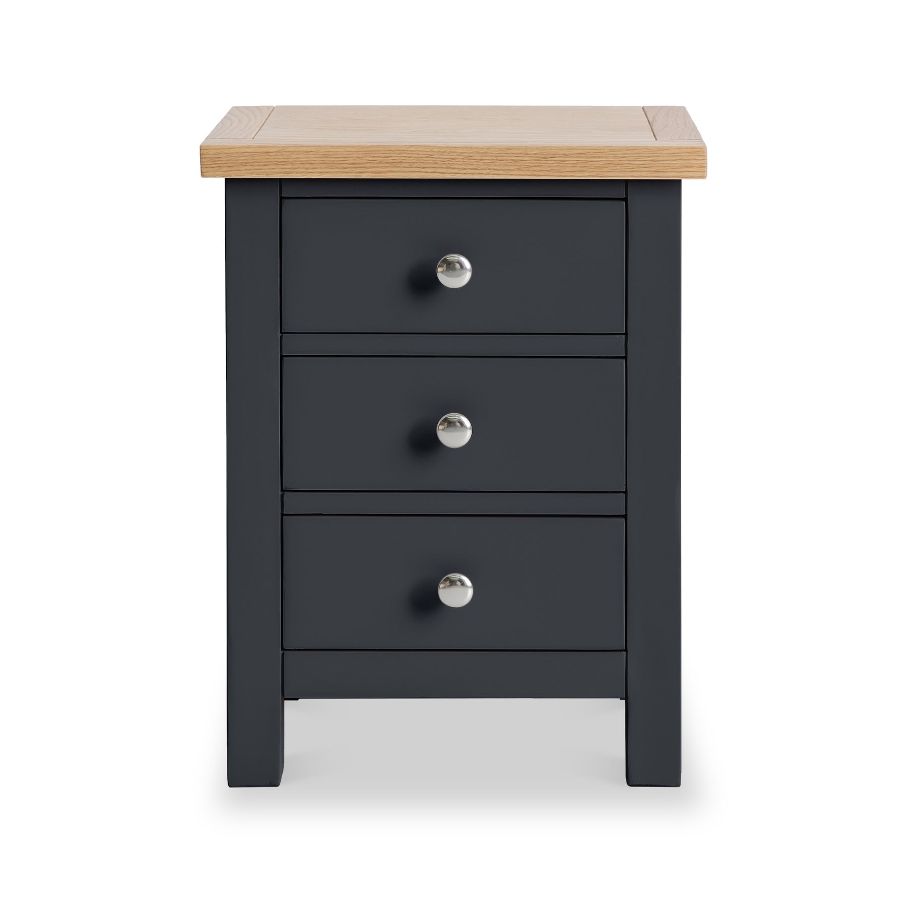 Farrow Charcoal Bedside Table by Roseland Furniture - Front view with silver handles