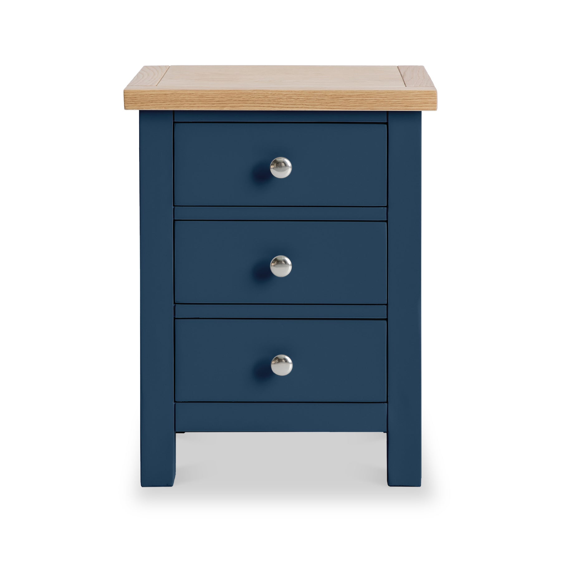 Farrow Navy Bedside Table by Roseland Furniture - Front view with silver handles