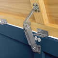 A metal hinge connects a wooden lid to a blue box, demonstrating the lid in a partially open position against a neutral background.