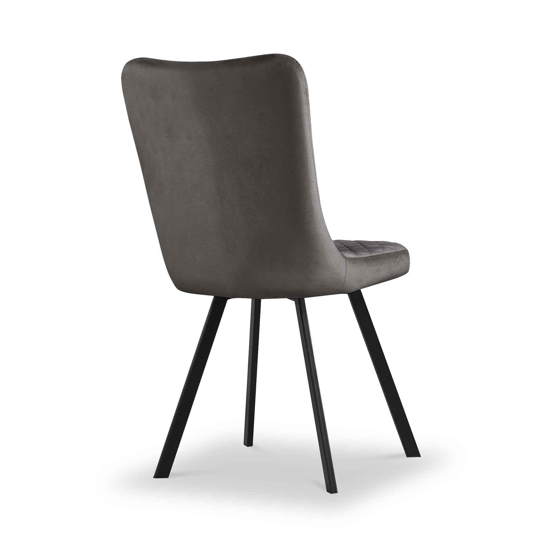 A modern charcoal-colored dining chair with a curved backrest and four black angled legs, isolated against a white background.