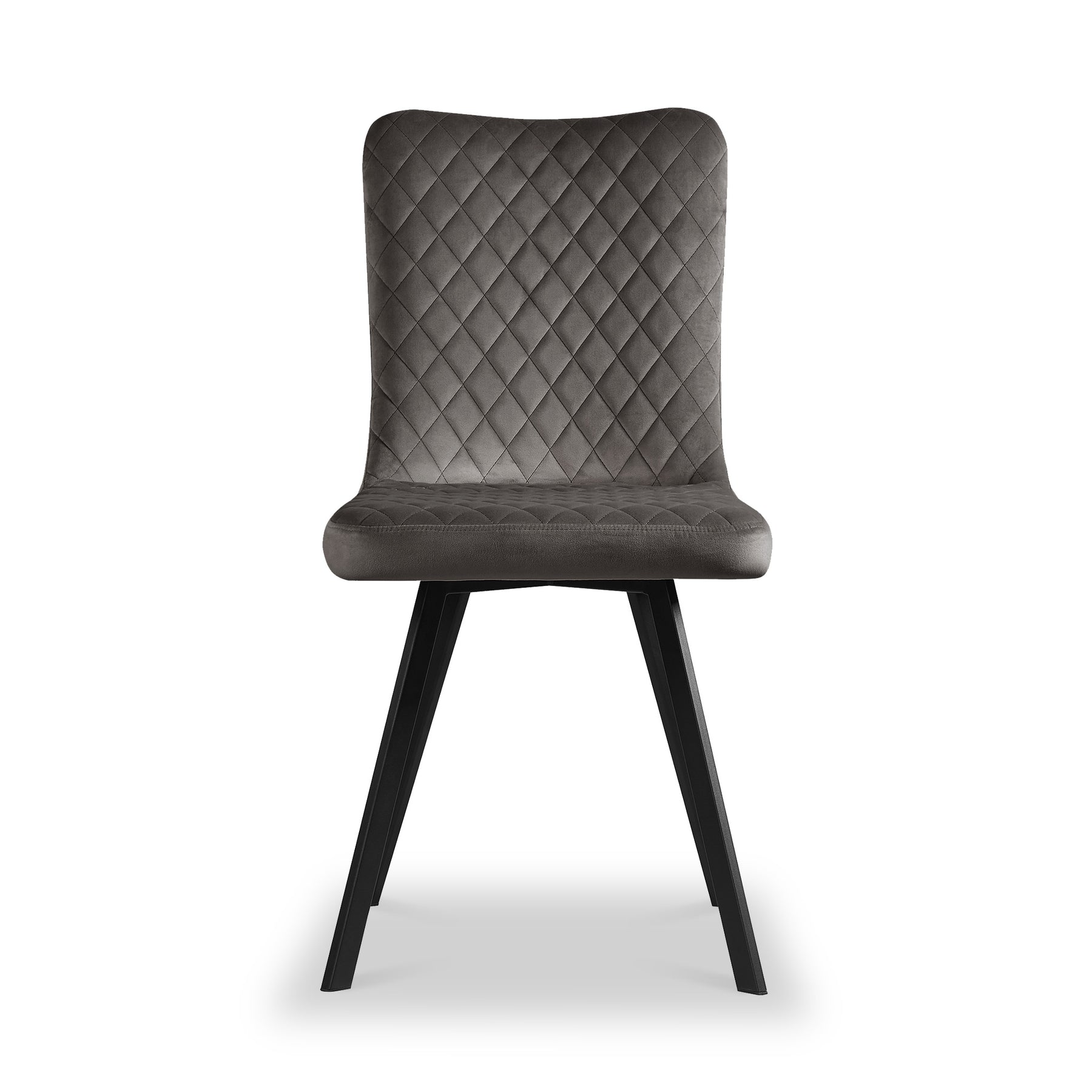 A gray upholstered dining chair with a quilted backrest and black wooden legs is positioned front and center against a white background.