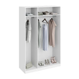 A white wardrobe displaying various clothing items and shoes neatly arranged on shelves and hangers, against a plain background.