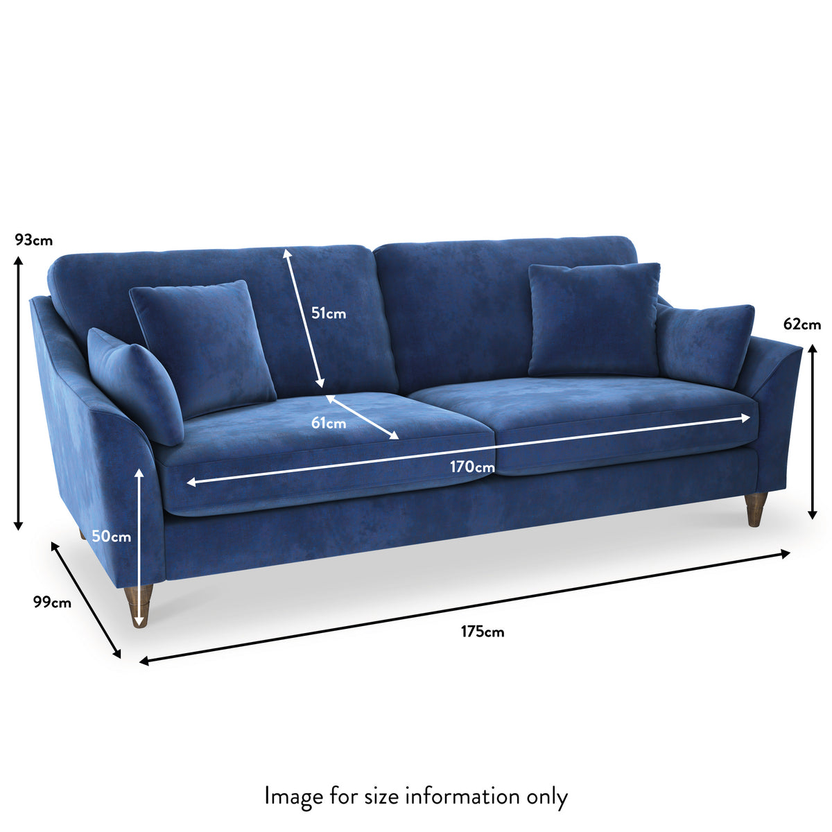 Charice Navy 3 Seater Sofa dimensions