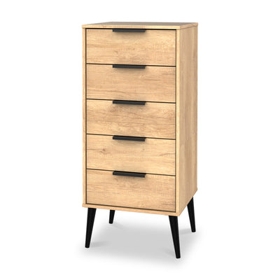 Asher Light Oak 5 Drawer Tallboy with Black Legs