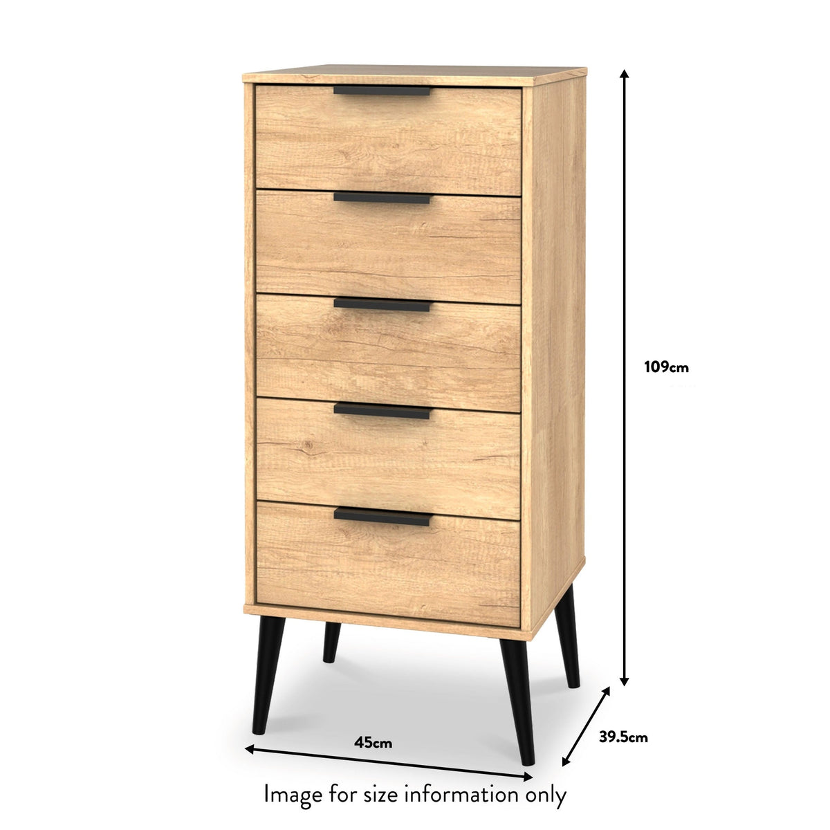 Asher Light Oak 5 Drawer Tallboy Chest with black legs dimensions