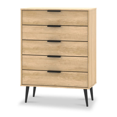 Asher Light Oak 5 Drawer Chest with Black Legs