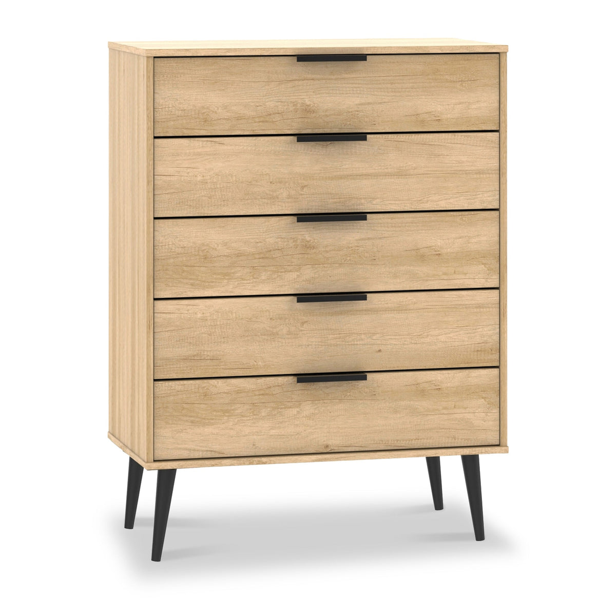 Asher Light Oak 5 Drawer Chest with black legs from Roseland Furniture